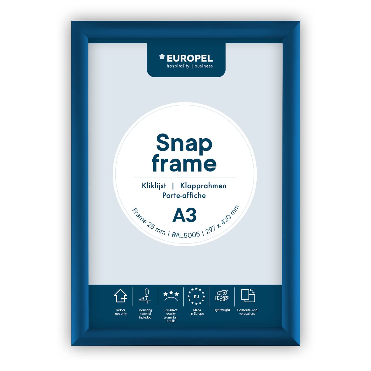 EUROPEL lightweight Snap frame A3, Blue, Profile 25x11 mm, Anodized aluminum, anti-reflective protector, External dimensions 328x451 mm, Grey polystyrene back