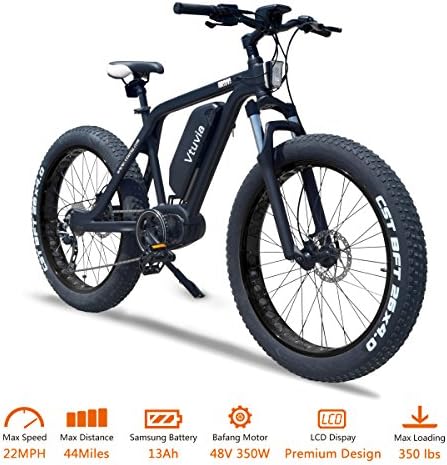 vtuvia Electric Bike Mid Drive Fat Tire Electric Bicycle 26" City Mountain Beach E-Bike for Men Adults Waterproof 48V Brushless Bafang Motor 13Ah Removable Samsung Lithium-ion Battery Oil Disc Brakes