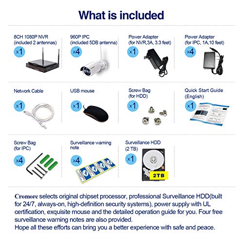 [8CH,Expandable]All in one with 10.1" Monitor Wireless Security Camera System, Cromorc Home Business CCTV Surveillance 8CH 1080P NVR Kit, 4pcs 1.3MP 960P Outdoor Night Vision IP Camera, 2TB Hard Drive - Thumbnail 7
