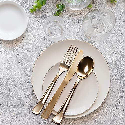 MATANA, 180 Elegant Gold Plastic Cutlery Set, 60 Knives, 60 Forks, 60 Spoons, Hand Washable - Image 3