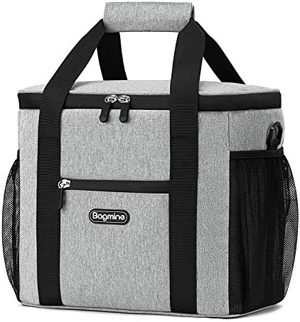 Bagmine 24 Can Cooler Bag Soft Sided, Collapsible Insulated Lunch Cooler Bag for Picnic Camping, Leak Proof, 15 Liter, Gray/Navy Blue/Beige ­