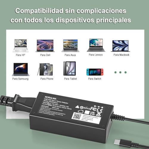 RORALMA 65W/45W USB C/Type C Cargador para Lenovo Chromebook ThinkPad X1 CarbonT480 T490 T480S T580 T14 E14 E15 E16 E490 E480 E580 300E 500E L13 Yoga 6 7 C940 C930 C740 Adaptador