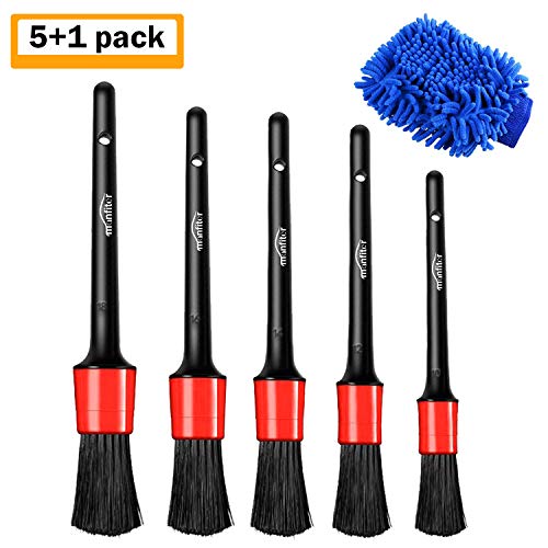 Manfiter Detail Brush (Set of 6), Auto Detailing Brush Set with a Car Wash Mitt for Car Motorcycle Automotive Cleaning Wheels, Dashboard, Interior, Exterior, Leather, Air Vents, Emblems
