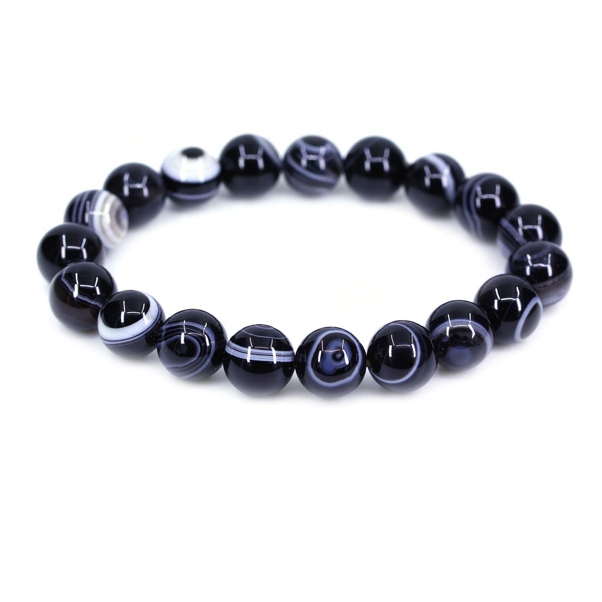 CHENYUE Natural Black Striped Agate Gemstone 10mm Round Beads Stretch Bracelet 7" Unisex โ image 1