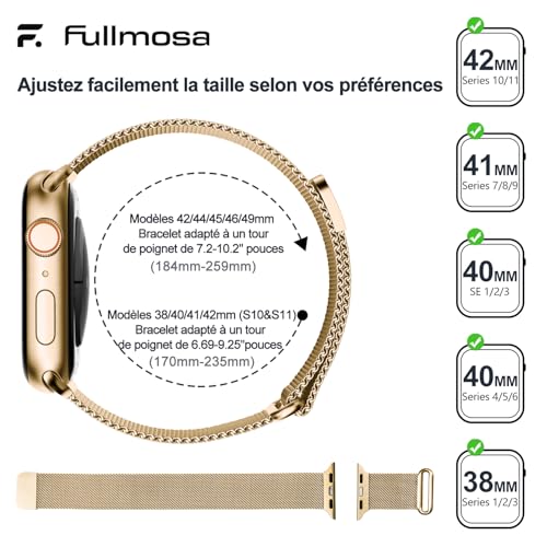 Fullmosa Compatible Apple Watch Band 42(S11/10) 41mm 40mm 38mm for Women Men Milanese Loop Stainless Steel Bracelet iWatch SE 3/2/1 Series 11 10 9 8 7 6 5 4 3 2 1 42/41/40/38mm Gold