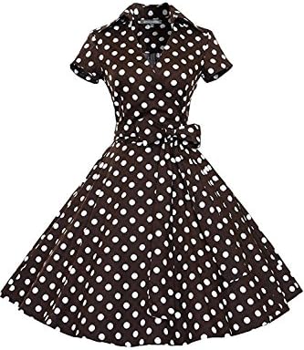Dalyght Fashion Women Ball Gown Dress Polka Dot Shortsleeve Dress Ladies Short A-Line Dresses Coffee dot S