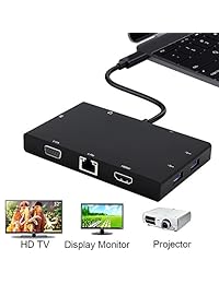 USB C Hub, PD carga rápida (max 3 A) USB C a Tipo C HDMI VGA Lector de tarjeta 2 USB 3.0 puertos, Gigabit, Ethernet, 11.5 foot adaptador de Audio convertidor ideal para MacBook, Chromebook