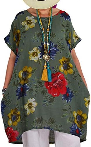 ♡Londony♡ Women's Short Sleeve High Low Loose T Shirt Basic Tee Tops Plus Size O Neck Swing Floral Tunic Tops S-5XL Army Green