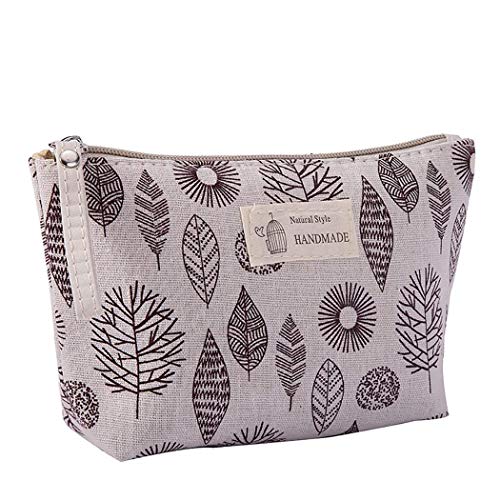 Makeup Bag with Zipper, Cotton Linen Large-Capacity Cosmetic Bag + Flower Print Toiletry Pouch Clutch Organizer Travel Storage Bag (C)