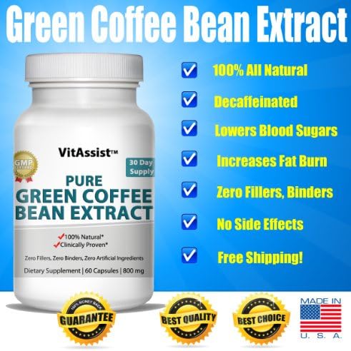 VitAssist Green Coffee Bean Extract, 800mg Veggie Capsules, 1,600mg Daily Dose Ultra Diet Pills, Max 50% GCA, Advanced Formula 30-Day Supply, Pure No Fillers As Recommended on Dr Oz Show, #1 Weight Loss Supplement Helps Burn Fat Faster, 100% Money Back Guarantee