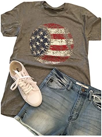 Women Adult American Flag Baseball Printed T-Shirt Short Sleeve Casual Tops Blouse (Gray, S)