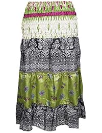 Women's 2 in 1 Skirt Patchwork Ruched Waist Green Sari Fall Fashion S/M