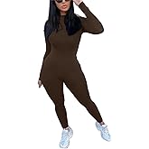 ECHOINE Long Sleeve Jumpsuit For Women Sexy Round Neck Back Zipper Bodycon Long Romper Clubwear