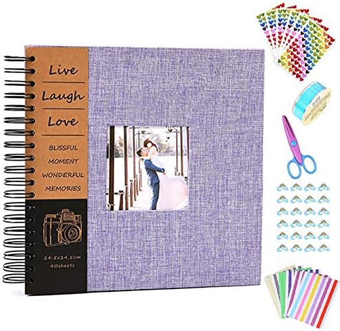 Anleymu Scrapbook Linen Cover, Photo Album with Photo Opening, Guest Book for Valentines Day, Wedding, DIY Anniversary Travel Memory Scrapbooking with Scrapbook Accessories (Purple, 12x12 inch)