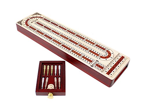 Continuous Cribbage Board Alphabet e Shape inlaid in Maple and Bloodwood with storage drawer for cribbage pegs 12.4" - 3 Tracks - House of Cribbage