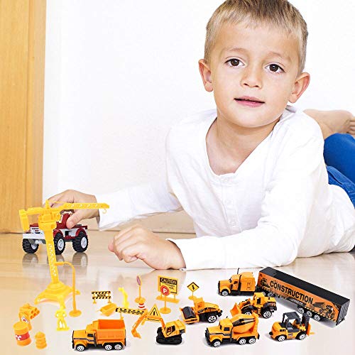 Jellydog Toy Construction Vehicles Set, 26 Piece Die-Cast Construction Trucks, Metal Play Vehicles Set with Street Play Mat,Road Barriers and Signs for Kids Boys and Girls 3 Years