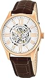 Stuhrling Original Mens Stainless Steel, Rose Gold Plated, Automatic Watch, Silver Skeleton Dial, Brown Leather Band, 747 Series
