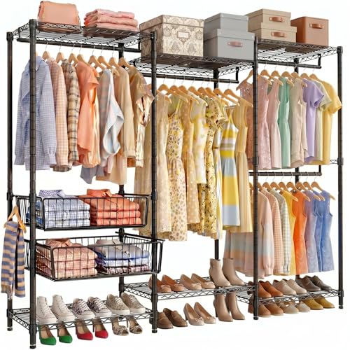 Perchero de Metal para Ropa con 2 Cestas Almacenamiento Deslizantes, Closet Armables de Ropa Multifunción, Perchero de Pie Carga de 400KG, 174 * 43.5 * 195cm, Negro