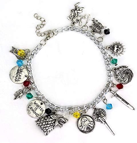Qijavan Game of Thrones Rhinestone Wolf Head Winter is Coming Whistle Sun Sword Charms Bracelet with Jewelry Box,Wolf Bracelet for Women,Men (Silver)