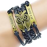 Jiayiqi Vintage Antique Bronze Infinity Love Owl Charms Leather Rope Bracelet Wristband