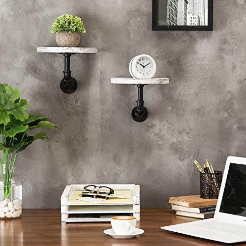 MyGift Whitewashed Wood Semi Circle Floating Shelves with Metal Pipe