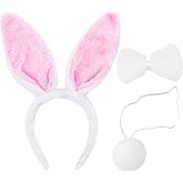 3-Piece Bunny Ears and Tail Costume Accessory Set - Includes White and Pink Bunny Ears Headband, Bow Tie, and Tail for Easter, Halloween, Dress-Up Parties, Cosplay, and Animal-Themed Party Supplies