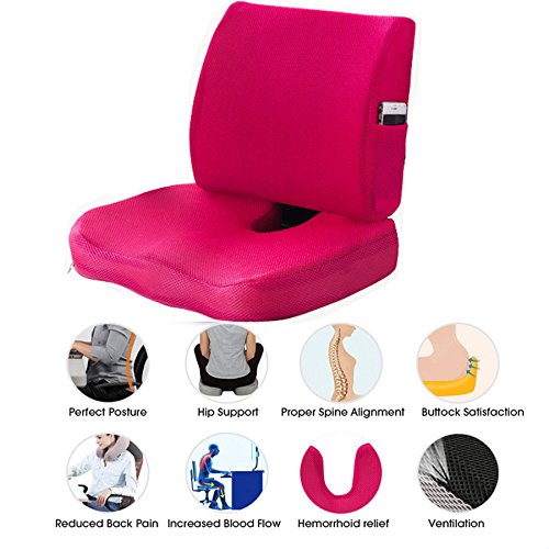 Qutool Seat Cushion Coccyx Orthopedic Memory Foam Lumbar Support Pillow with Non-slip Cover for Lower Back Tailbone and Sciatica Relief Office Chair Car Seat Pad with Adjustable Strap (Rose Red) - Thumbnail 5