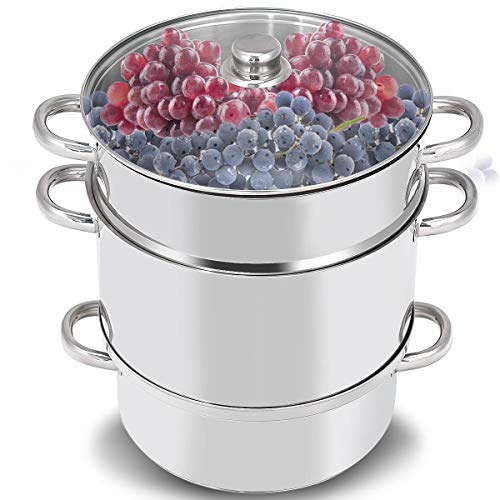11-Quart Stainless Steel Juicer Steamer, Fruit Vegetables Steamer For Food With Glass Lid Hose With Clamp Loop Handles, Perfect Home Kitchen Stainless Steel Cookware By WATERJOY