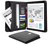 Business Portfolio Padfolio Professional Genuine Bonded Leather Resume Portfolio Zippered Organizer with Tablet Holder, A4 Letter Size Writing Pad, Calculator, Card Holder and Document Folder, Black