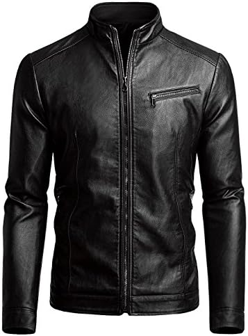 chouyatou Men's Vintage Stand Collar Pu Leather Jacket (X-Small