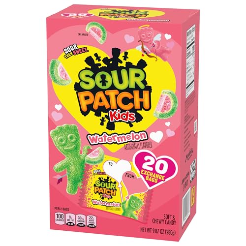 SOUR PATCH KIDS WATERMELON SOFT & CHEWY VALENTINE’S DAY CANDY, 20 SNACK PACKS