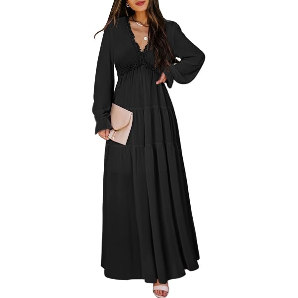 Umenlele Women's Lantern Sleeve V-Neck Maxi Dress – Flowy, Flattering & Perfect For Parties