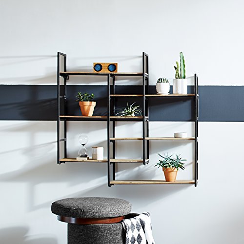Rivet Modern Wood and Iron Shelves, 36.25" H, Natural and Black