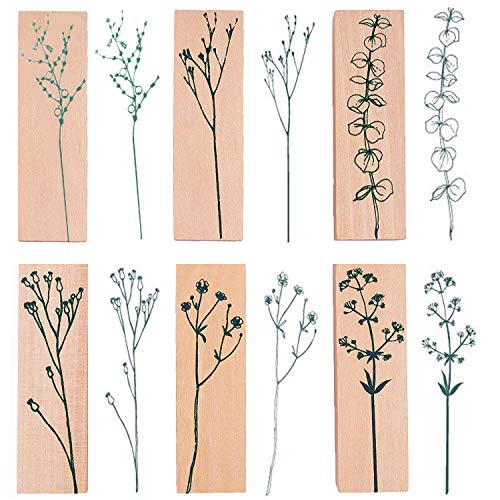 Ioffersuper 6 Pcs Decorative Wooden Stamps with Leaf Plant Pattern, Rubber Stamp Set for Scrapbooking DIY Card Making