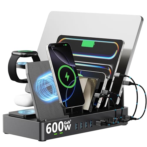 600W Charging Station for Multiple Devices, 15-in-1 GaN USB-C Charger with 3-in-1 Wireless Charger for Apple, Dual 100W PD Laptop Charging Dock, 8 USB-C & 4 USB-A for MacBook, iPad, Laptop, Black