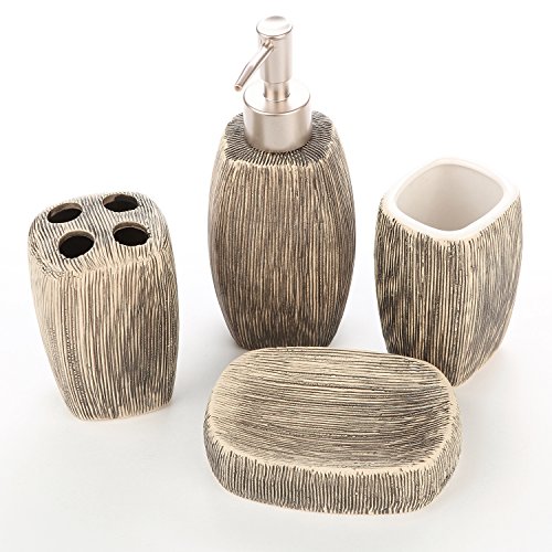 MyGift 4 Piece Brown Ceramic Bathroom Accessories Set w/Soap Dispenser