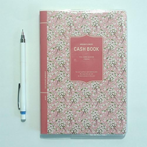 Flowery Cash Book with Pencil, Account Book, 5.3" x 7.7" (pink cherry blossom)