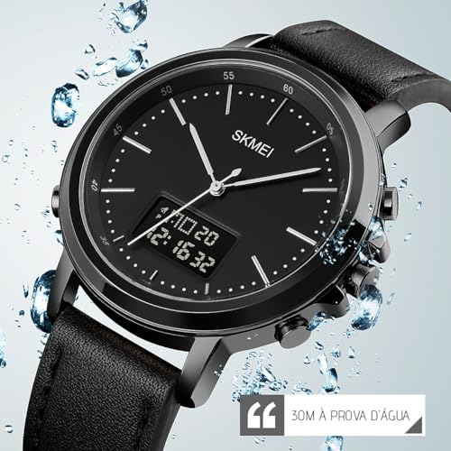 Relógio Masculino Preto - Pulseira de Couro Preto Importado, Quartz Minimalista Redondo, Prova d´água Luxo Casual Básico Eletrônico
