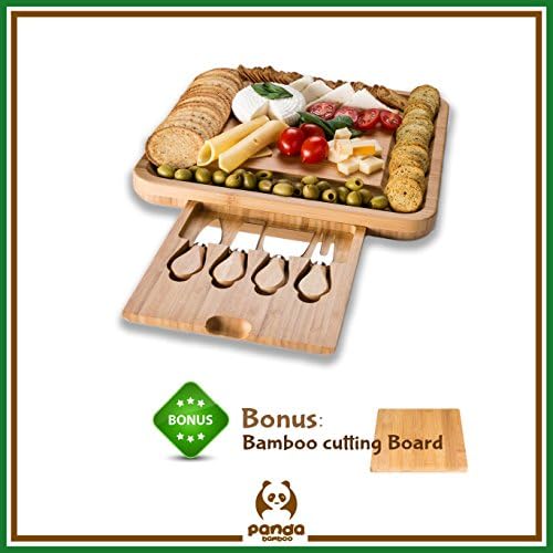 Bamboo Cheese Board with 4 Cutlery Knife Set Drawer by Bamboo Panda - Perfect Serving Tray Great House Warming Gift &amp; Best Choice for Every Kitchen