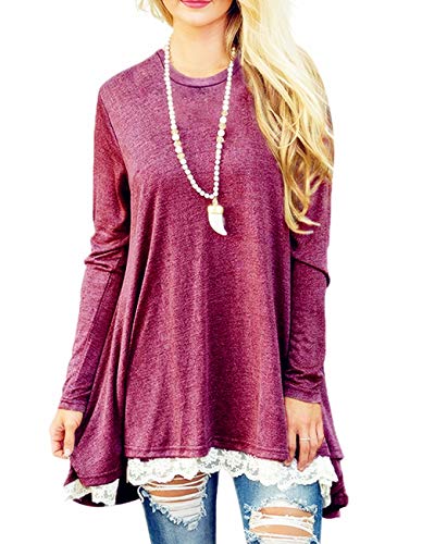 Miskely Women's Long Sleeve Lace Tunic Tops Round Neck Loose Blouse Casual Swing Cotton T-Shirt for Leggings (S, A Wine Red)