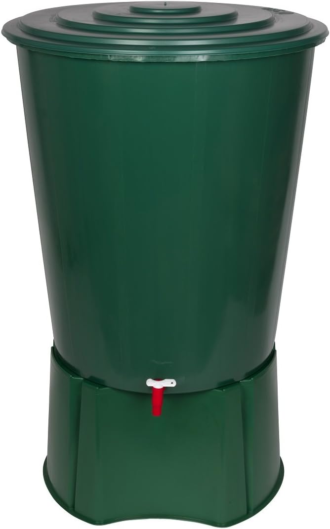 XL Regentonne 310 Liter aus Kunststoff in Grün. Mit sehr robustem Monoblock Stand, Wasserhahn und Deckel mit Sicherheitsverschluss! Top Qualität