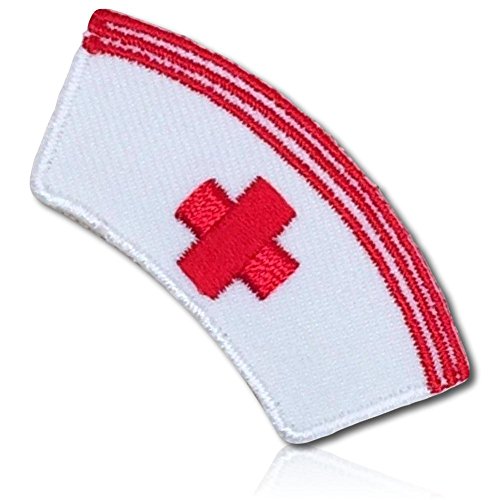 [1 Count Single] Custom and Unique (.8" x 2" Inch) â€œNoveltyâ€ Vintage 50's Hospital Red Cross Medical Emergency Room Nurse Cap Hat Scrub Clothes Design Iron On Embroidered Applique Patch {White & Red}