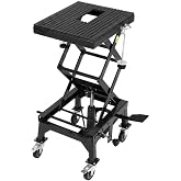 Garvee Hydraulic Motorcycle Lift Jack, 350 Lb Foot Operated 13.78-34.25 in | Foot-operated steel scissor lift table with safety lock and wheels raises ATVs and dirt bikes for repair access.