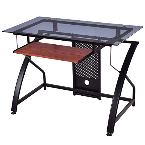 Computer Desk Glass Top PC Laptop Table Workstation Pull-Out Keyboard Tray + FREE E-Book