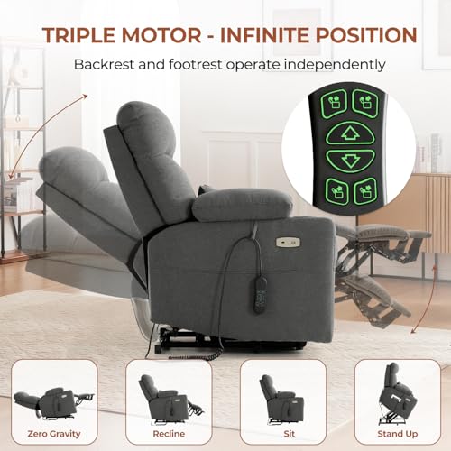 Power Lift Recliner Chair for Elderly with Adjustable Headrest, Triple Motor Zero Gravity Recliner Chairs for Adults with Massage & Heat, Extended Footrest, Cup Holder, Lumbar Pillow, Fabric (Grey)
