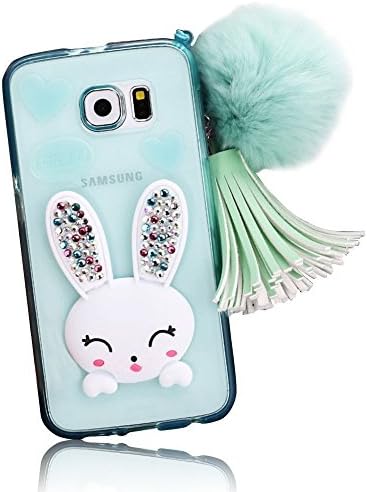 Samsung Galaxy S7 Edge Case, GreenDimension Crystal Clear Flexible Soft Transparent TPU 3D Cute Cartoon Rabbit (Bunny) [Bling Diamond Ear] Kickstand Silicone Cover with Hairball Pompon Hand Strap Blue