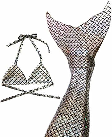 kuisen Tail + Bikini Top+ Monofin Sparkle Silver Scale Swimmable Mermaid Tail Tails Kids Girls Cos Gift XL