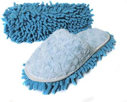 Friendly House Women's Rose Fleece Winter Floor Cleaning Mop Slippers (Suitable for US women 7-9, Blue)