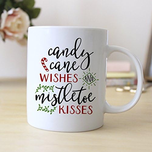Christmas Coffee Mug 11 oz. Candy Cane Wishes Mistletoe Kisses