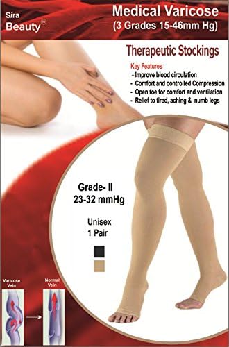 Sira Varicose Socks Grade-II Above Knee Medium pressure (23-32 mmHg) Graduate Pressure to Ankle Calf &amp; Thigh Best for Varicose Veins Leg Pain Recovery of Venus surgery Latex Free (BEIGE, M)
